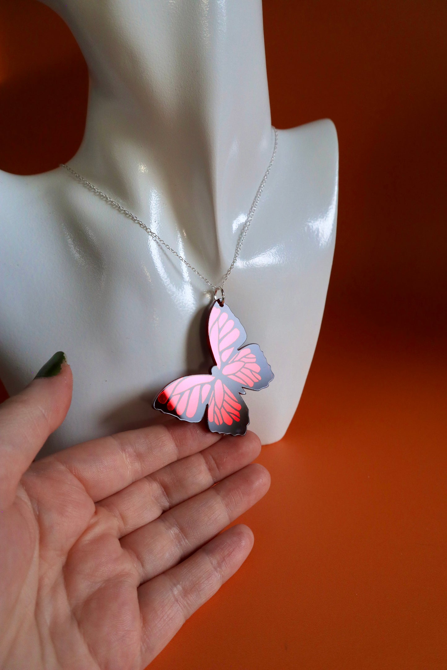 Mirror Acrylic Butterfly Sterling Silver Necklace