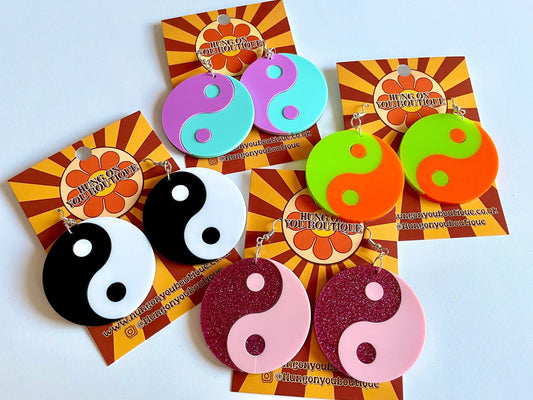 Custom Colours Yin Yang Acrylic Earrings - Laser Cut Jewellery 60s 70s 90s Inspired. Cute Funky Retro Vintage Hippie Style